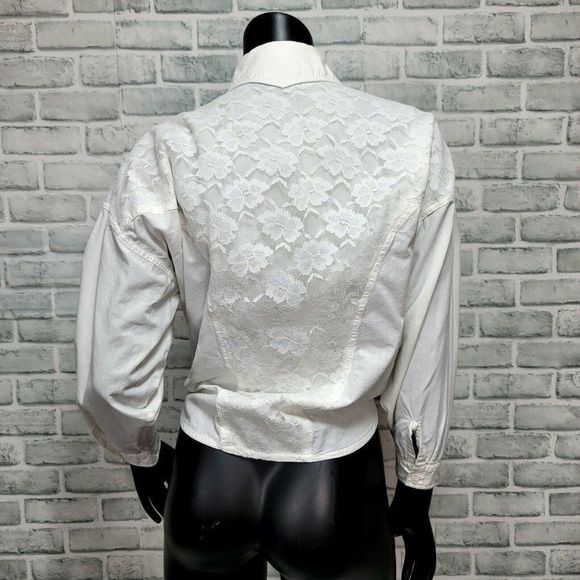 Vintage 90s Cotton Express Womens M White Button Front‎ L/S Tie Waist Lace Trim - Picture 3 of 7